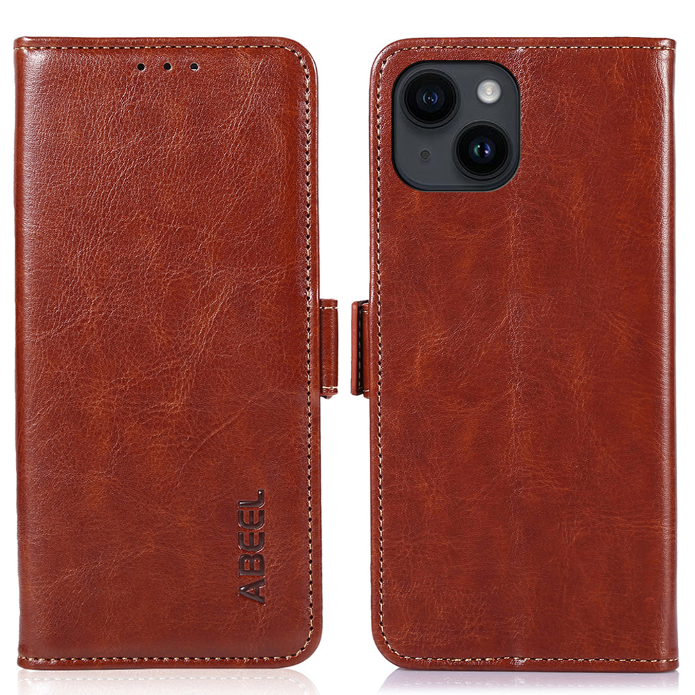 ABEEL For iPhone 14 Plus PU Leather Case Crazy Horse Texture Flip Stand Wallet Phone Cover