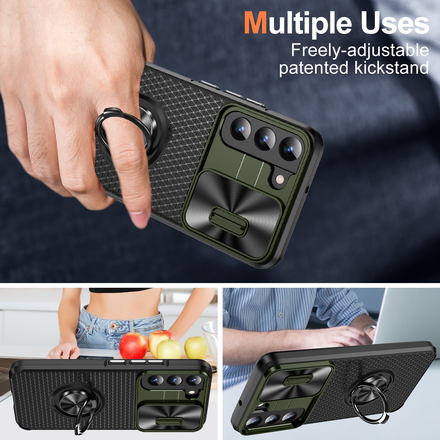 Kickstand Case for Samsung Galaxy S22 5G PC TPU Phone Case with Slide Camera Lens Protector