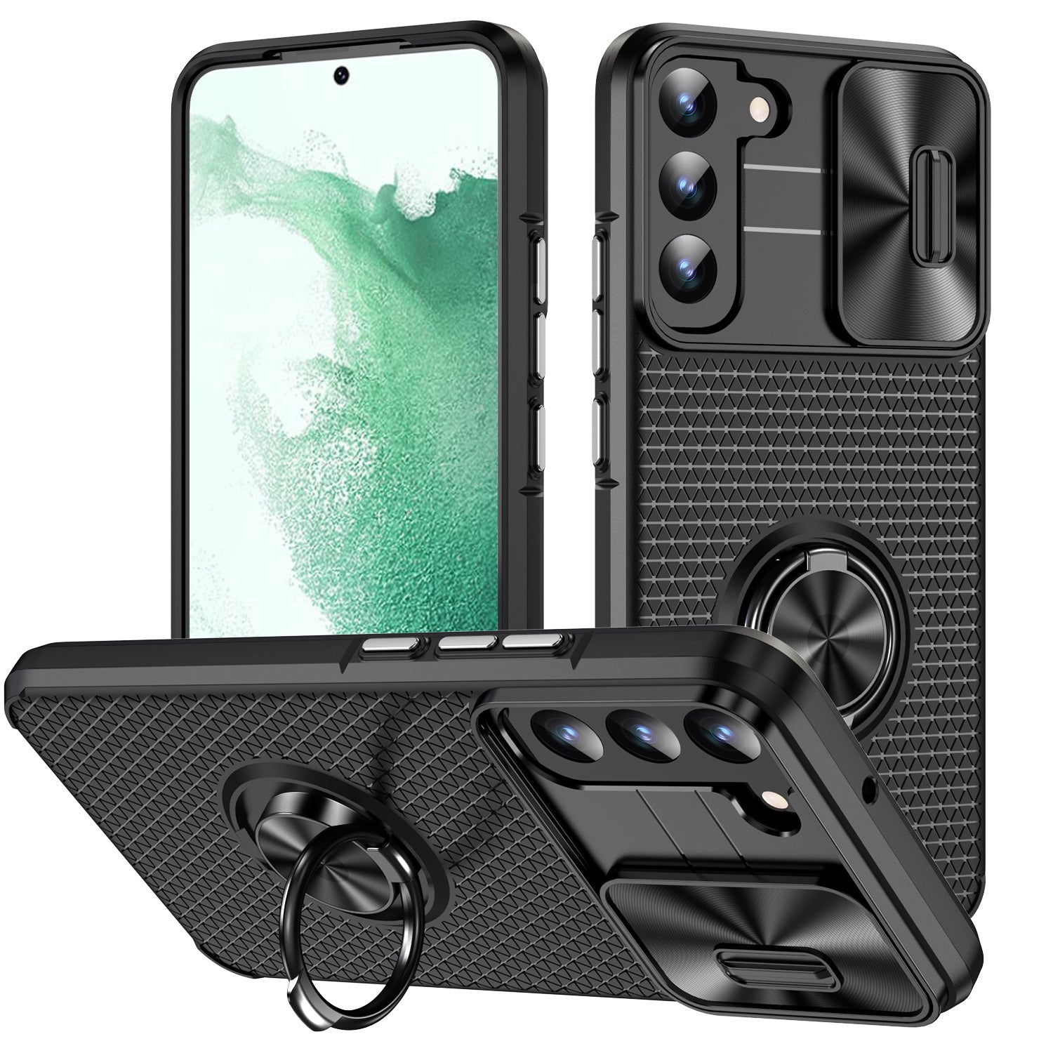 For Samsung Galaxy S22 5G PC TPU Kickstand Phone Case with Slide Camera Lens Cover