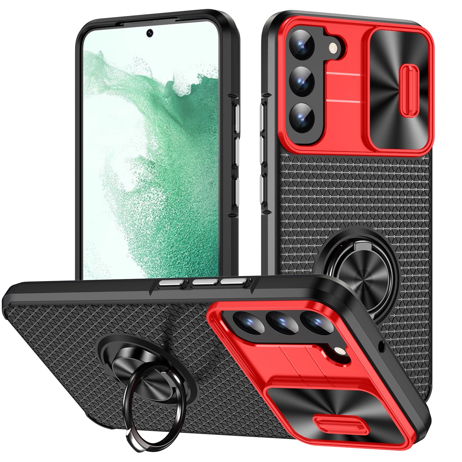 For Samsung Galaxy S22 5G PC TPU Kickstand Phone Case with Slide Camera Lens Cover