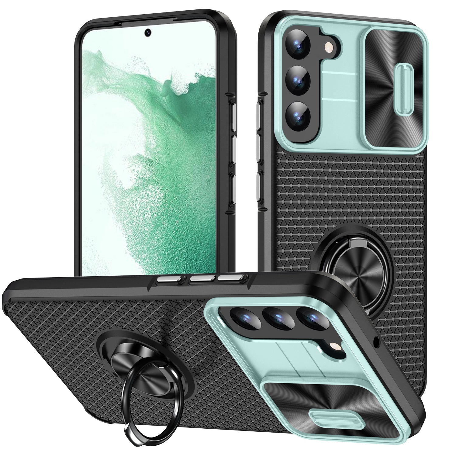 For Samsung Galaxy S22 5G PC TPU Kickstand Phone Case with Slide Camera Lens Cover