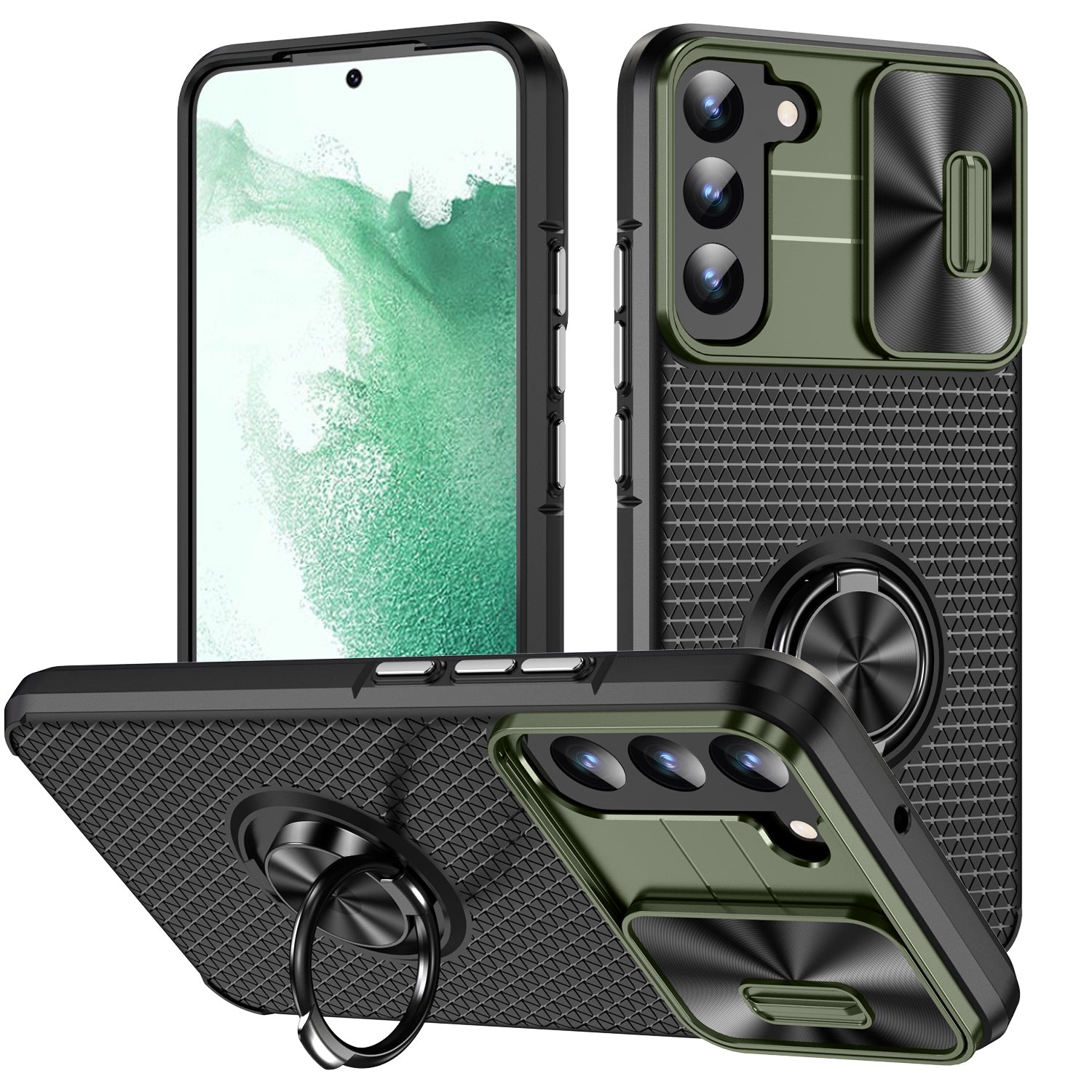 For Samsung Galaxy S22 5G PC TPU Kickstand Phone Case with Slide Camera Lens Cover