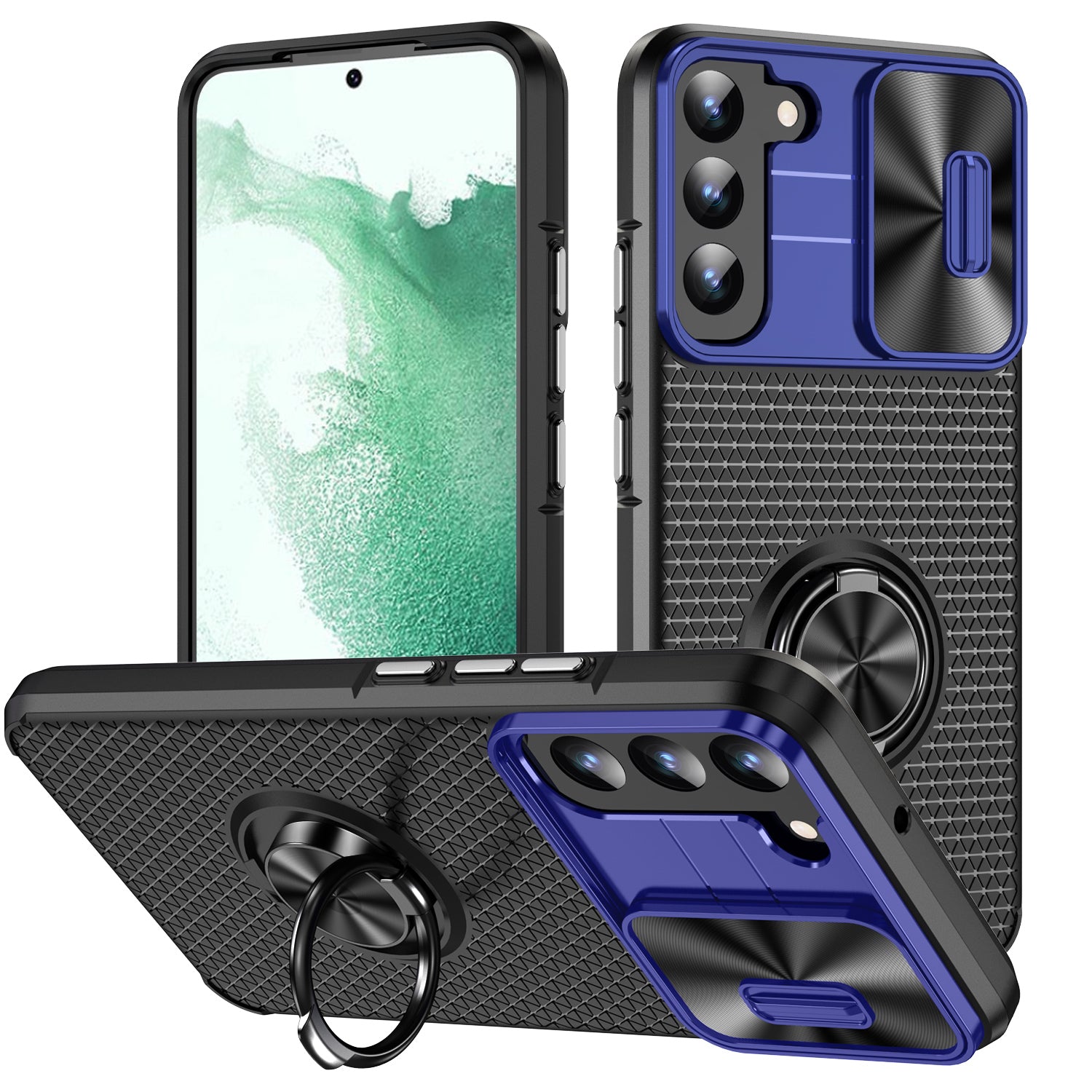 For Samsung Galaxy S22 5G PC TPU Kickstand Phone Case with Slide Camera Lens Cover