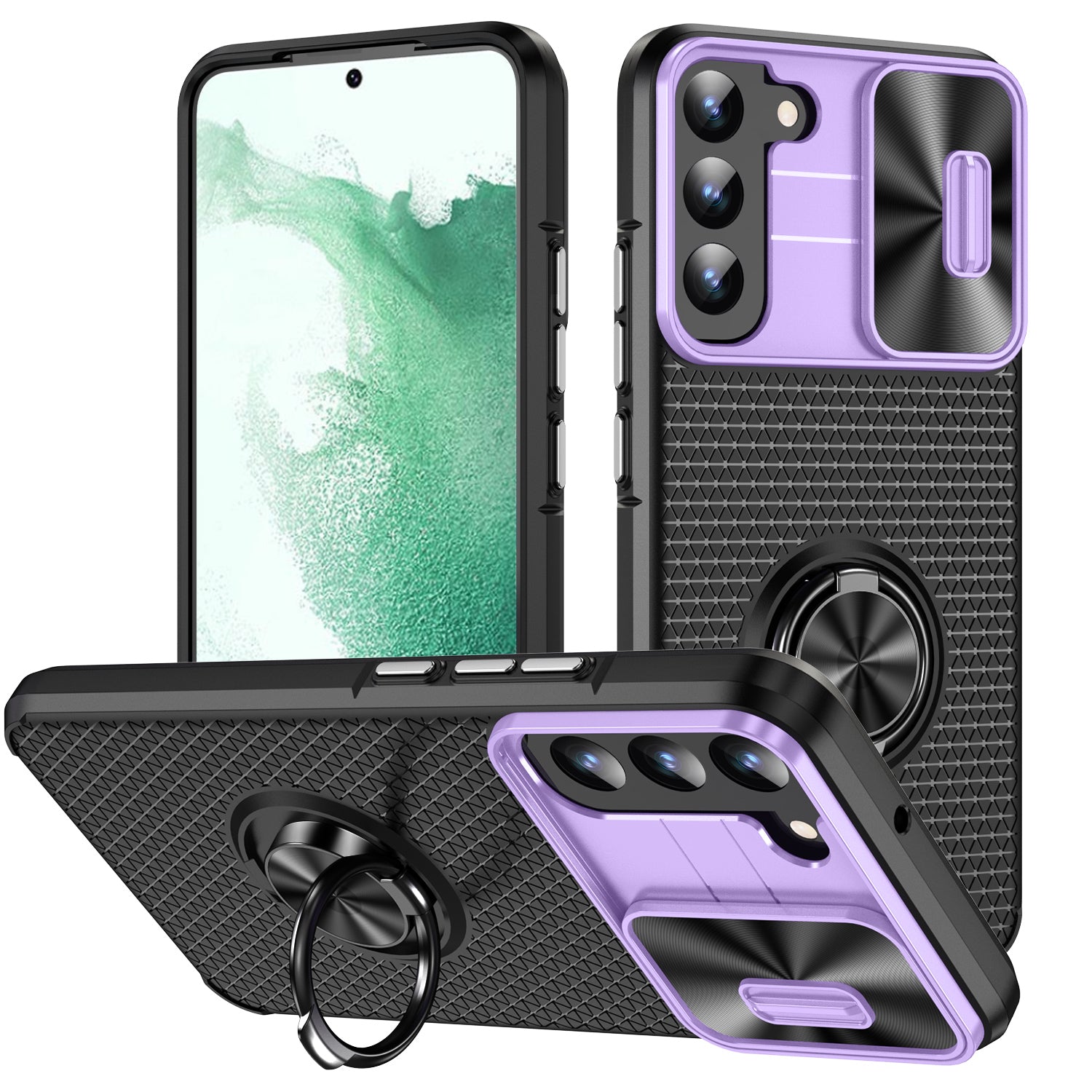 For Samsung Galaxy S22 5G PC TPU Kickstand Phone Case with Slide Camera Lens Cover