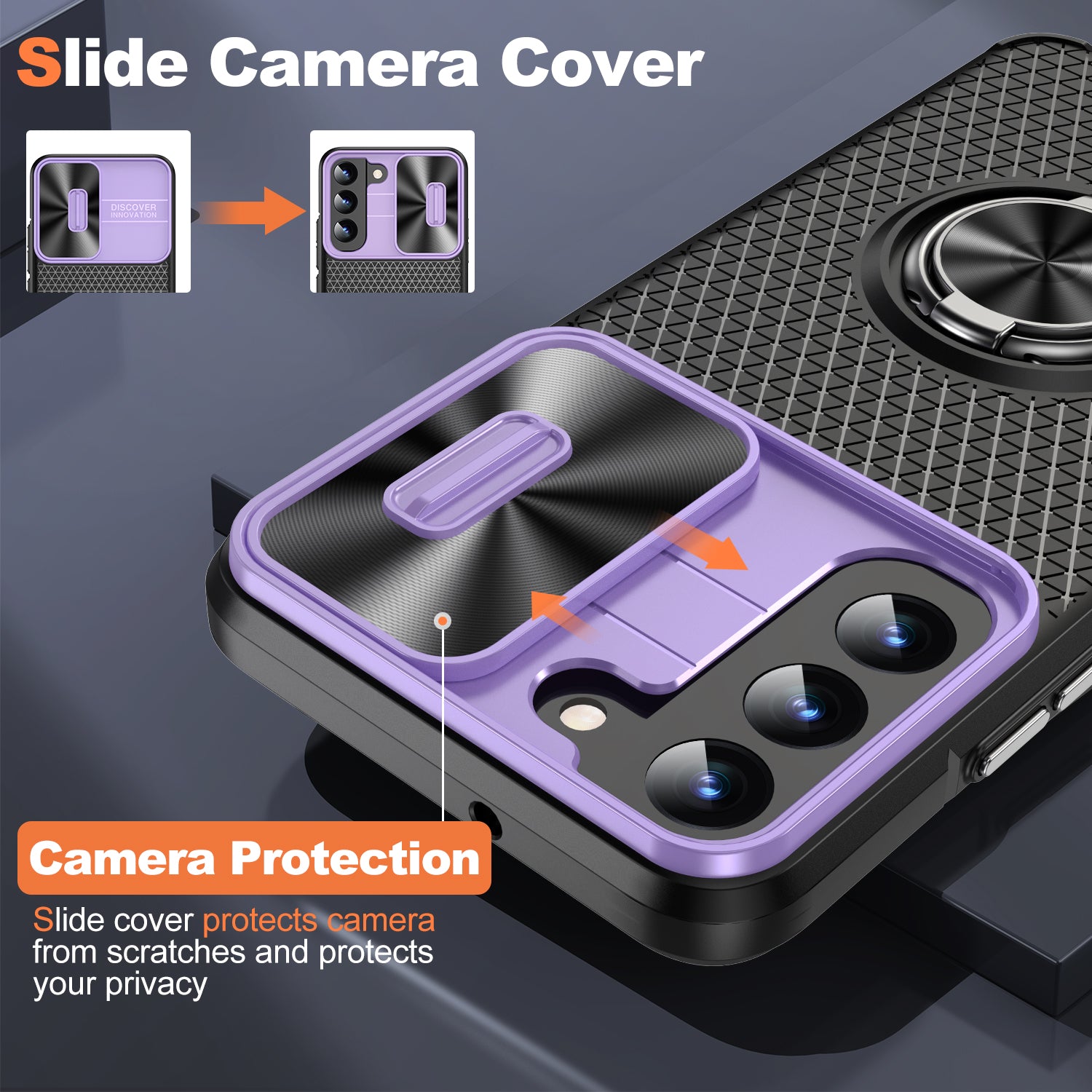 For Samsung Galaxy S22 5G PC TPU Kickstand Phone Case with Slide Camera Lens Cover