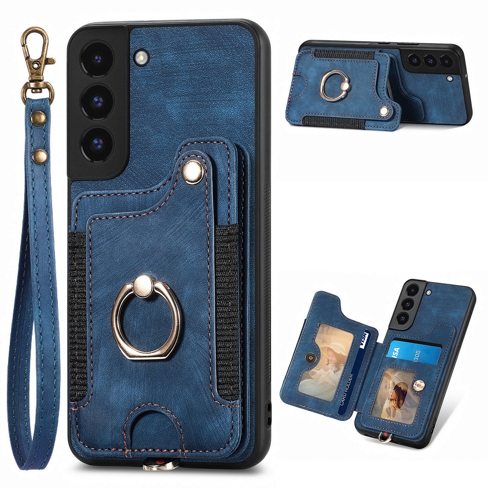 For Samsung Galaxy S22 5G Kickstand Phone Case PU Leather Coated PC TPU RFID Blocking Card Slot Cover