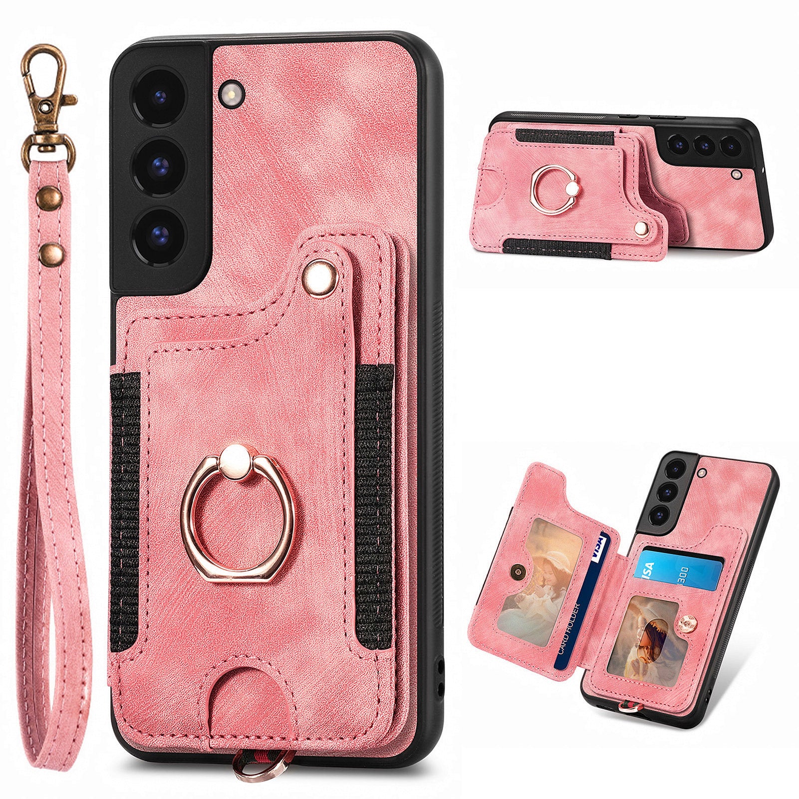 For Samsung Galaxy S22 5G Kickstand Phone Case PU Leather Coated PC TPU RFID Blocking Card Slot Cover