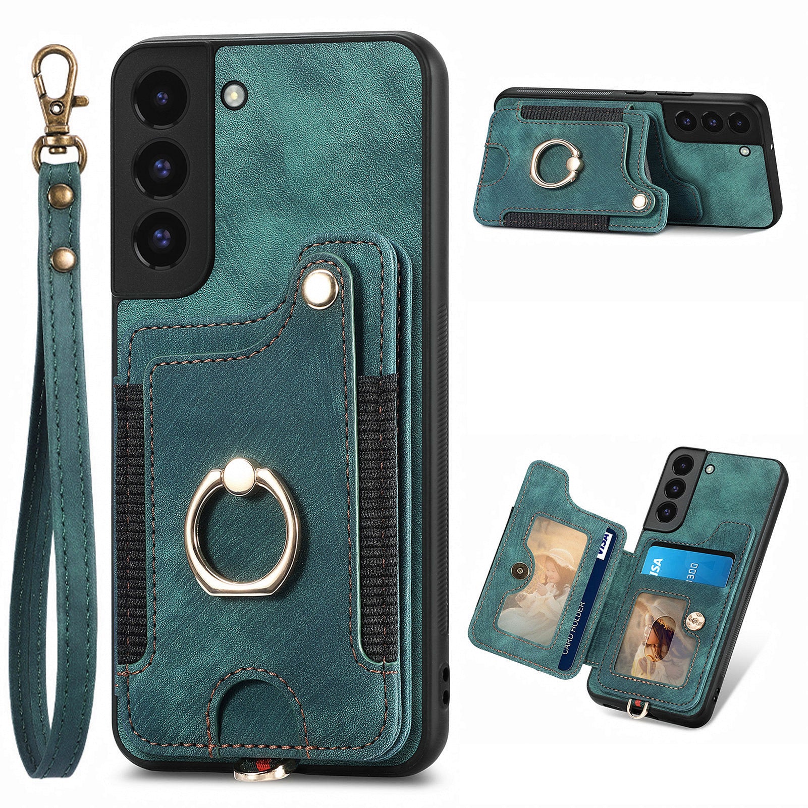 For Samsung Galaxy S22 5G Kickstand Phone Case PU Leather Coated PC TPU RFID Blocking Card Slot Cover