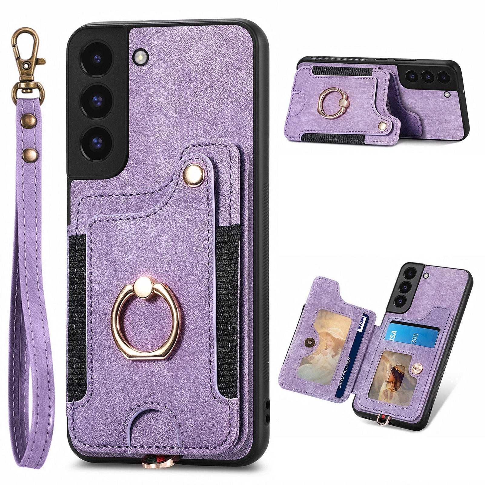 For Samsung Galaxy S22 5G Kickstand Phone Case PU Leather Coated PC TPU RFID Blocking Card Slot Cover