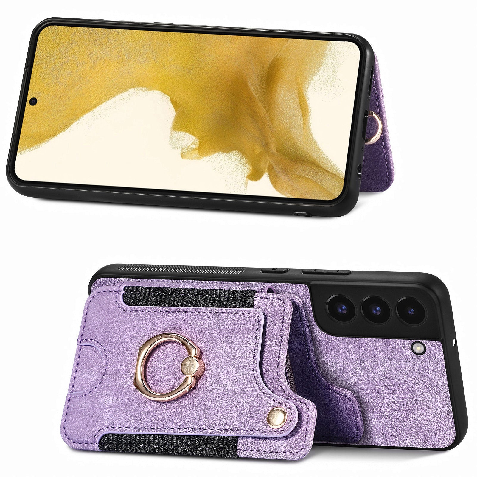 For Samsung Galaxy S22 5G Kickstand Phone Case PU Leather Coated PC TPU RFID Blocking Card Slot Cover