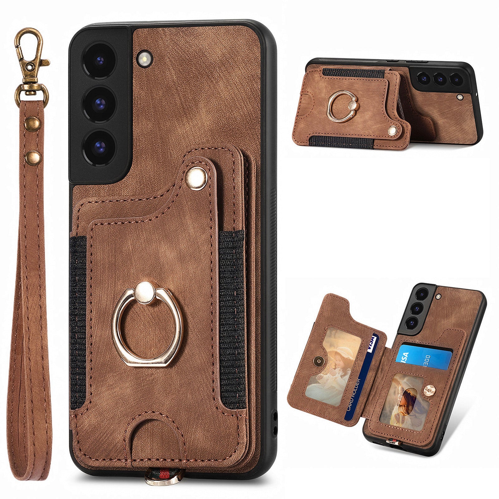 For Samsung Galaxy S22 5G Kickstand Phone Case PU Leather Coated PC TPU RFID Blocking Card Slot Cover