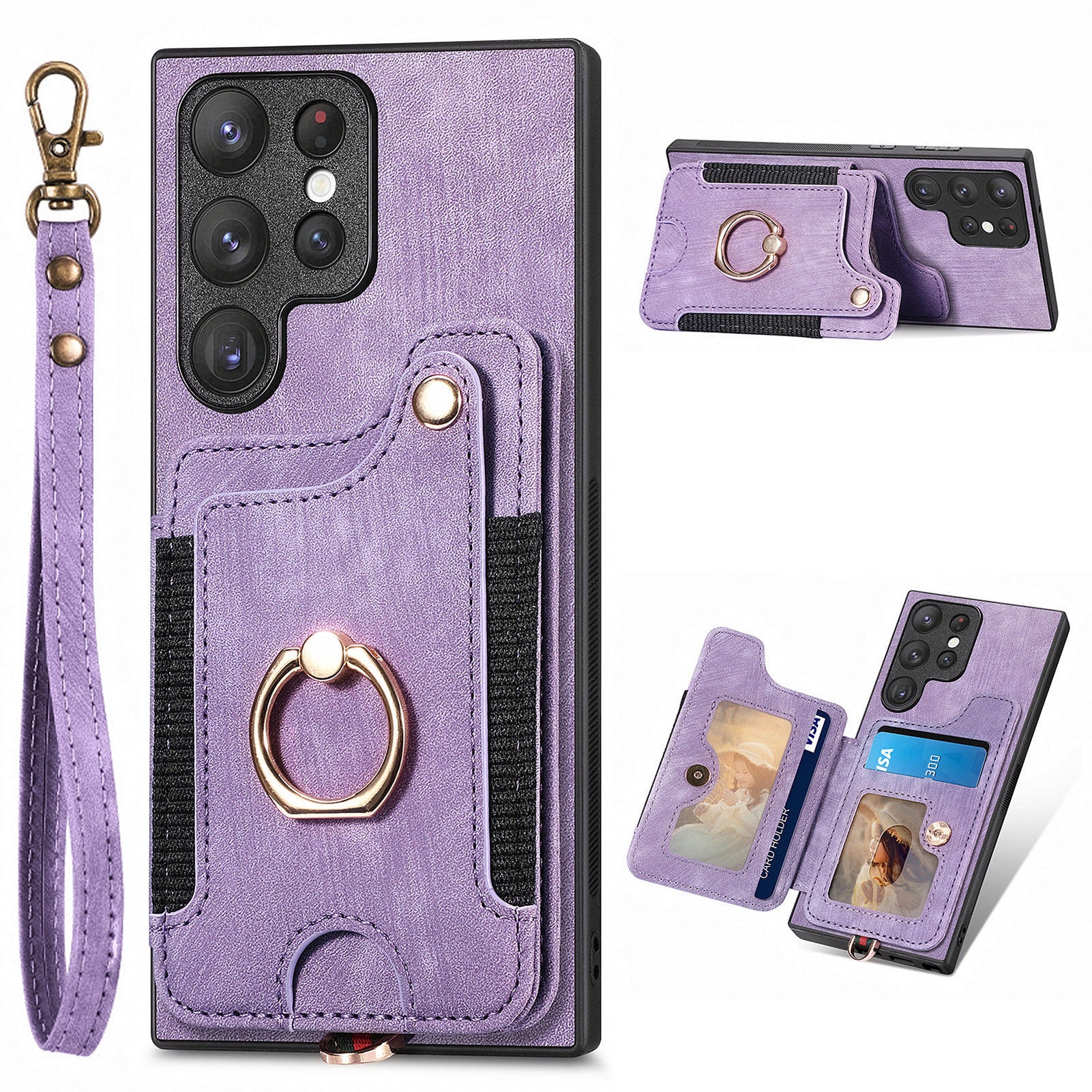 For Samsung Galaxy S22 Ultra 5G PU Leather Coated PC TPU Back Cover RFID Blocking Card Slot Kickstand Phone Case