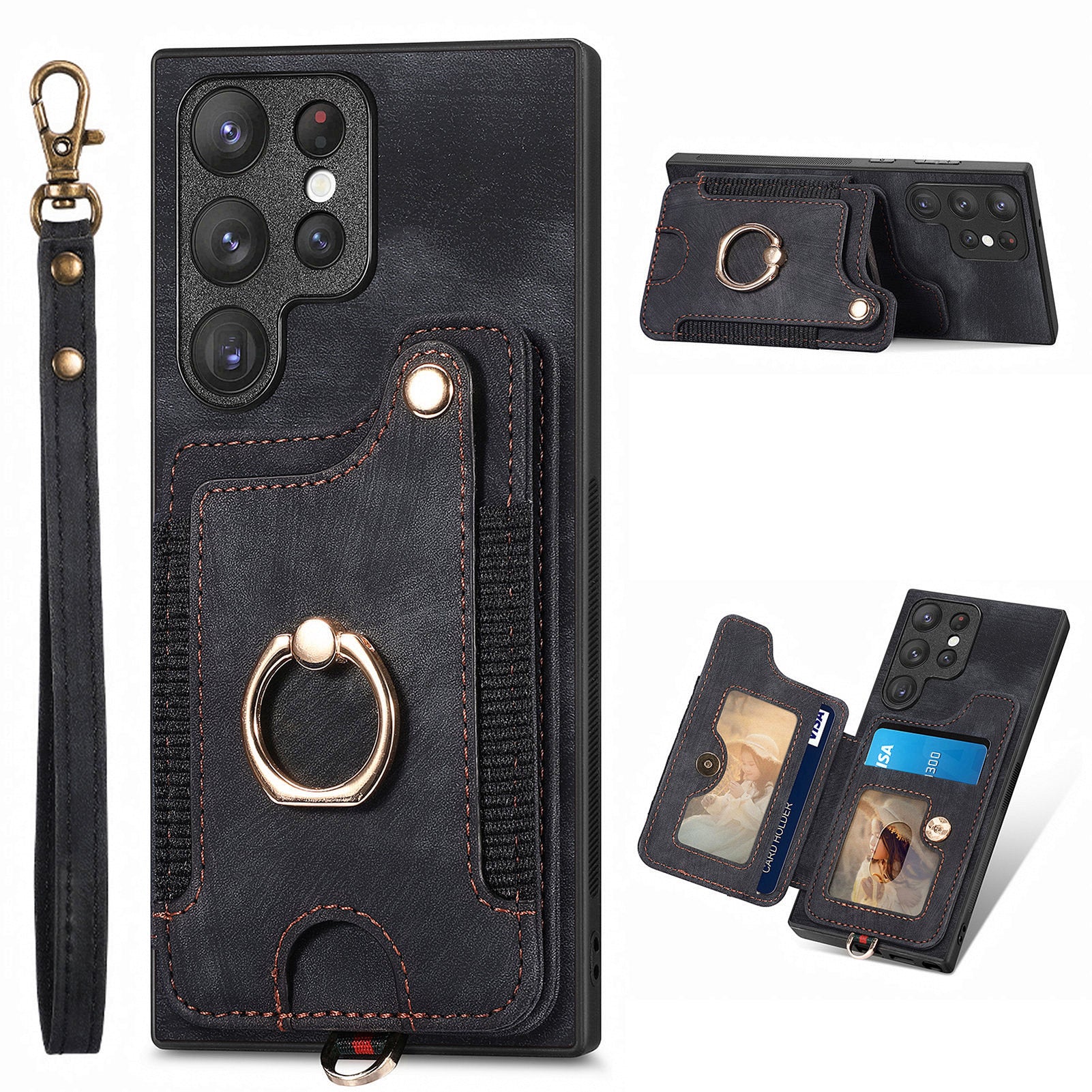 For Samsung Galaxy S22 Ultra 5G PU Leather Coated PC TPU Back Cover RFID Blocking Card Slot Kickstand Phone Case