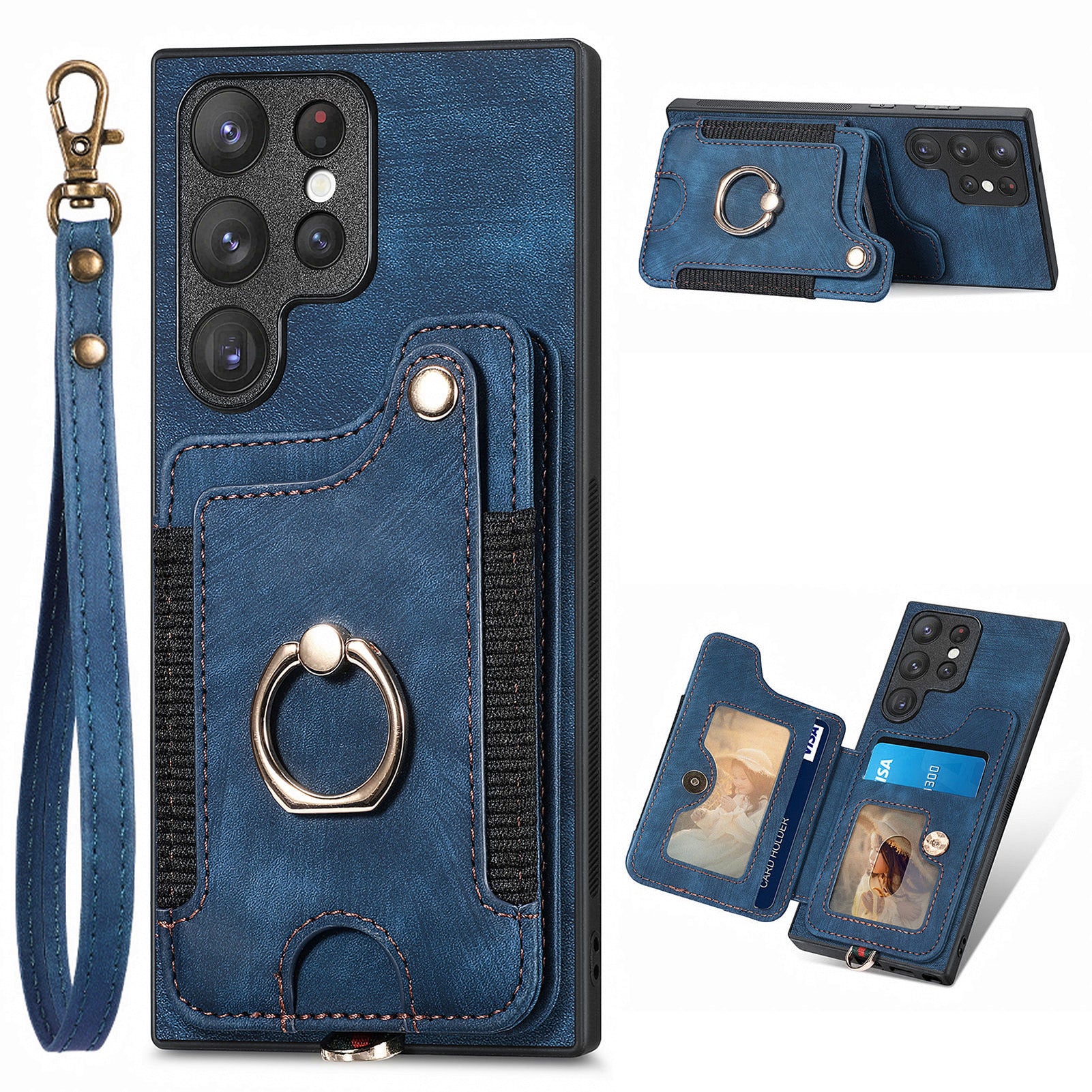 For Samsung Galaxy S22 Ultra 5G PU Leather Coated PC TPU Back Cover RFID Blocking Card Slot Kickstand Phone Case