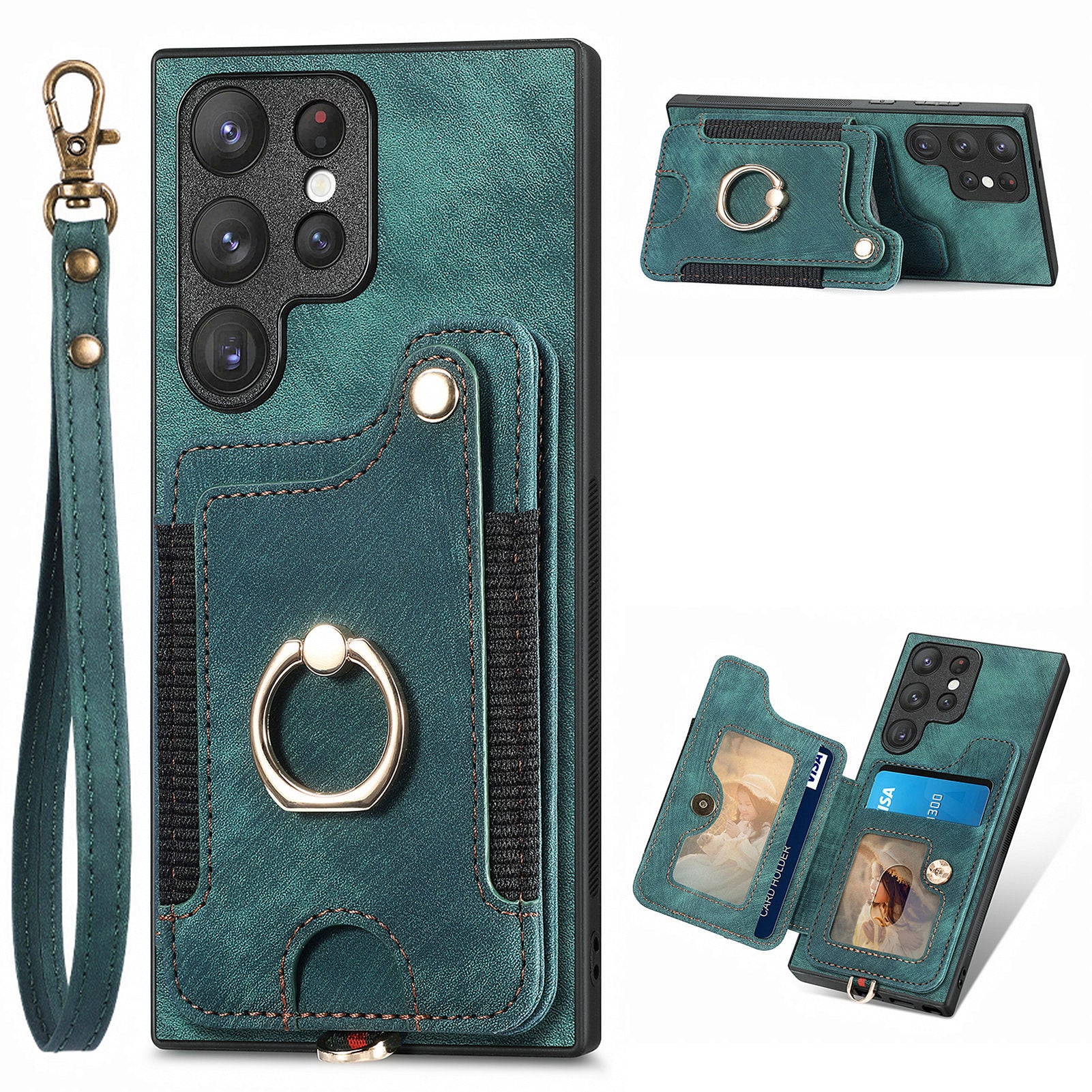 For Samsung Galaxy S22 Ultra 5G PU Leather Coated PC TPU Back Cover RFID Blocking Card Slot Kickstand Phone Case
