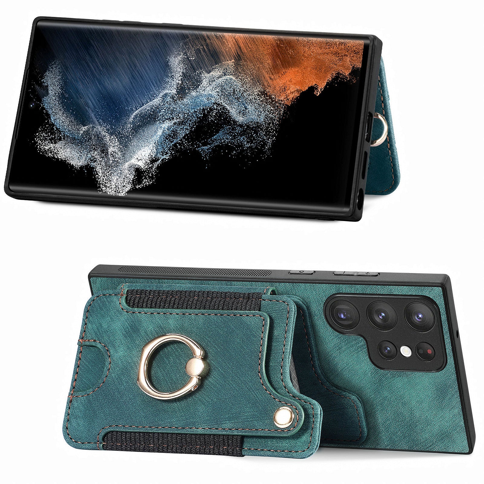 For Samsung Galaxy S22 Ultra 5G PU Leather Coated PC TPU Back Cover RFID Blocking Card Slot Kickstand Phone Case