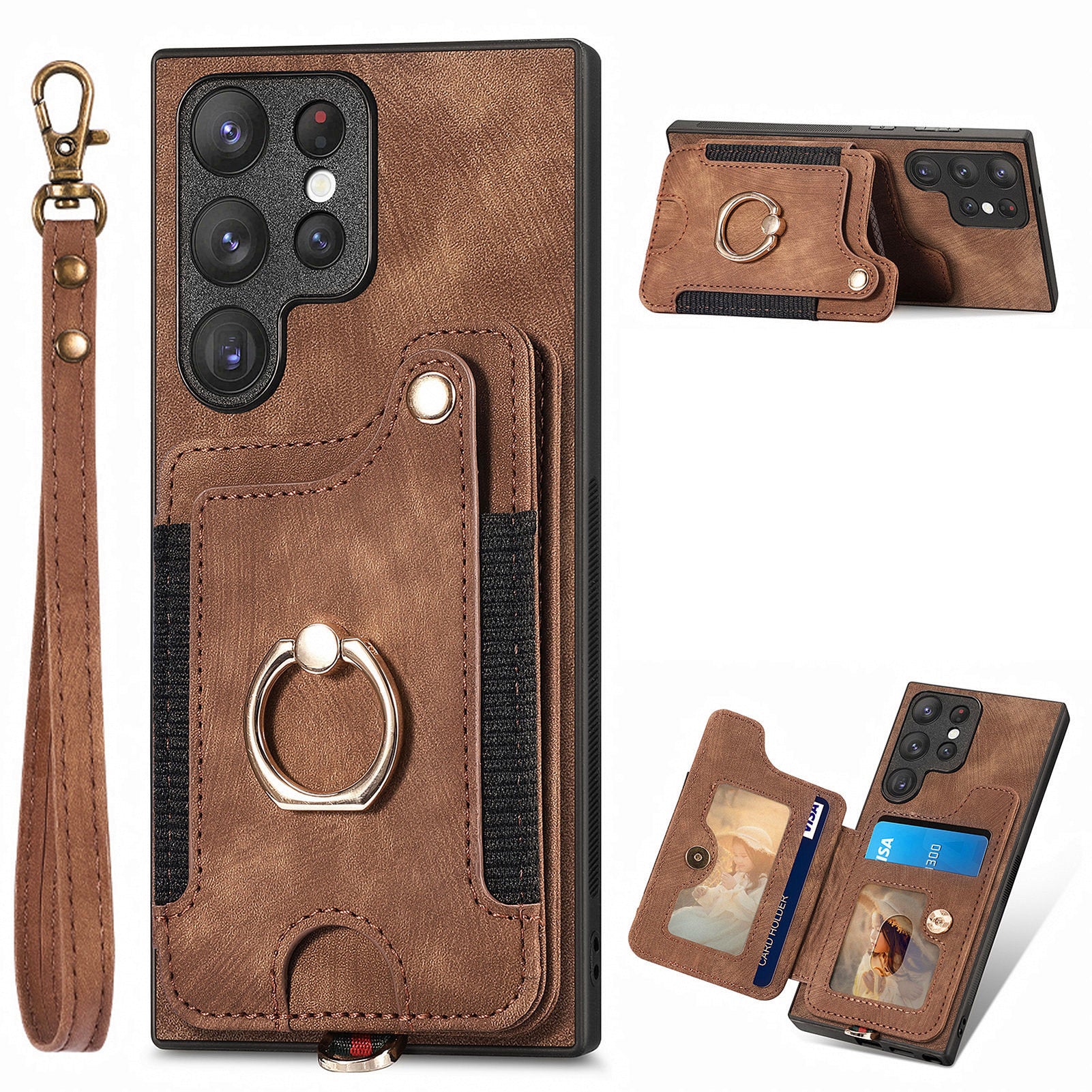 For Samsung Galaxy S22 Ultra 5G PU Leather Coated PC TPU Back Cover RFID Blocking Card Slot Kickstand Phone Case