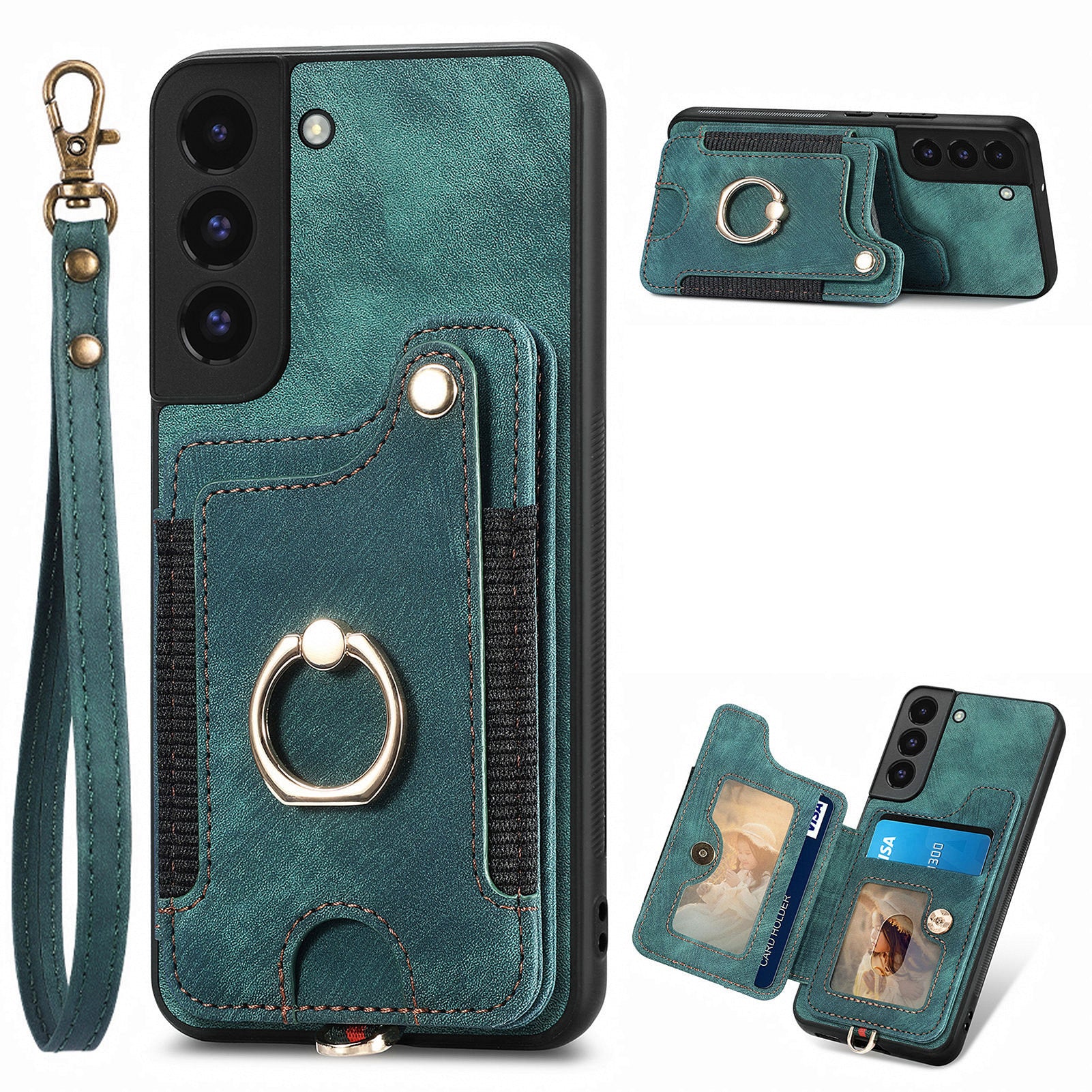 For Samsung Galaxy S22 5G Phone Case with Card Holder RFID Blocking PU Leather Coated PC TPU Kickstand Cover