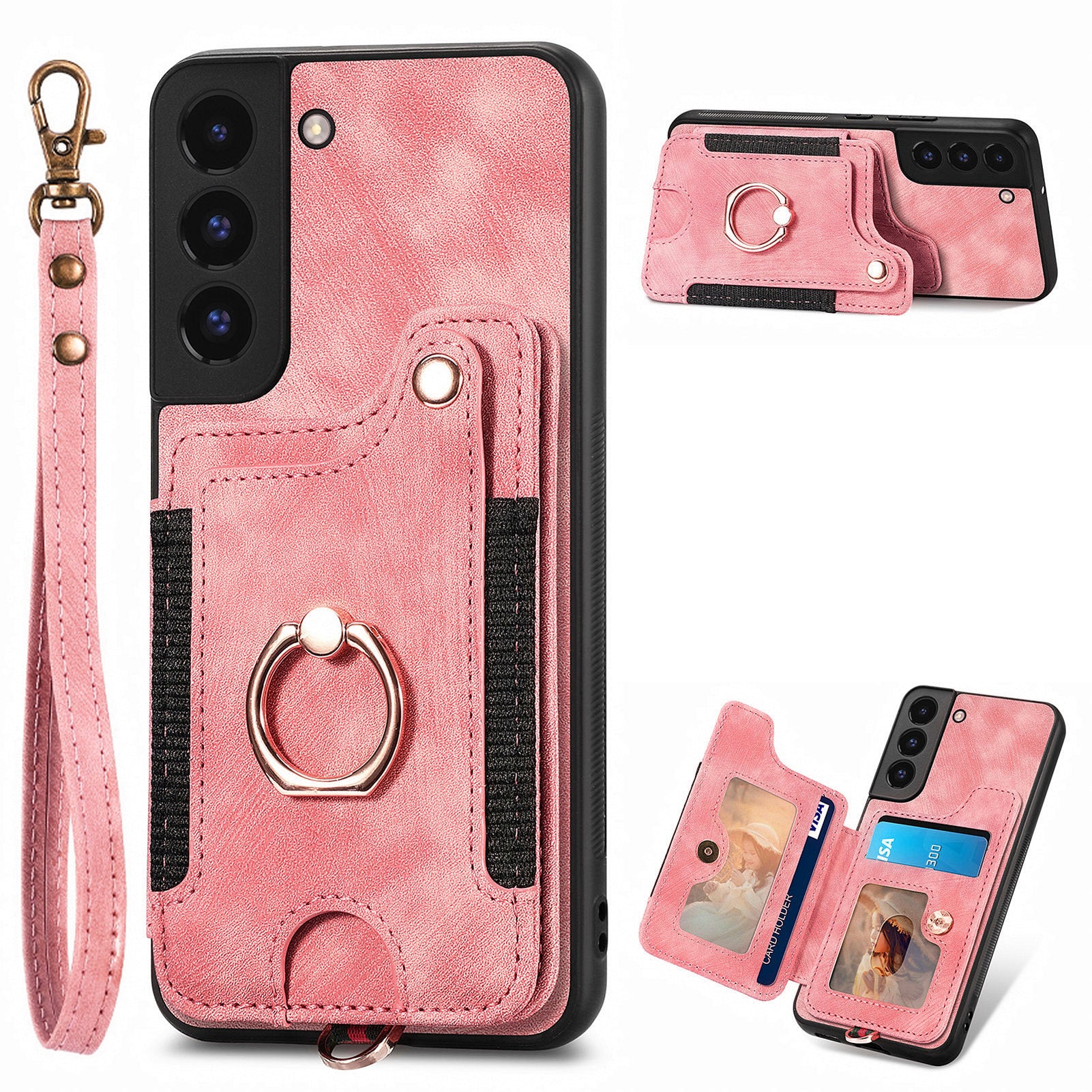 For Samsung Galaxy S22 5G Phone Case with Card Holder RFID Blocking PU Leather Coated PC TPU Kickstand Cover
