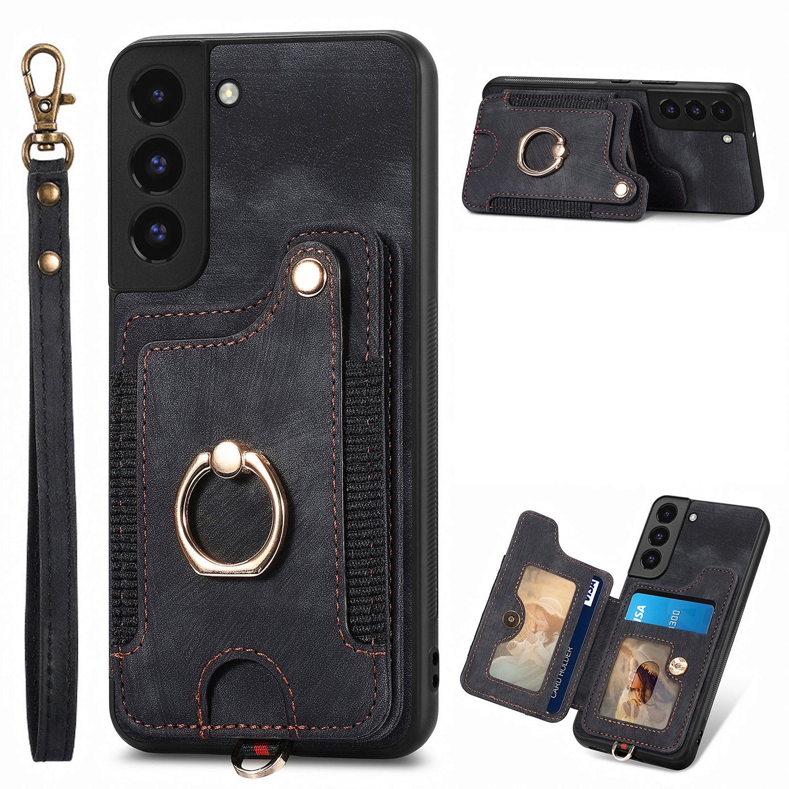 For Samsung Galaxy S22 5G Phone Case with Card Holder RFID Blocking PU Leather Coated PC TPU Kickstand Cover