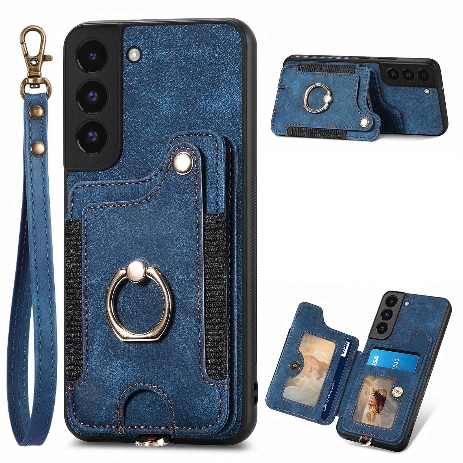 For Samsung Galaxy S22 5G Phone Case with Card Holder RFID Blocking PU Leather Coated PC TPU Kickstand Cover