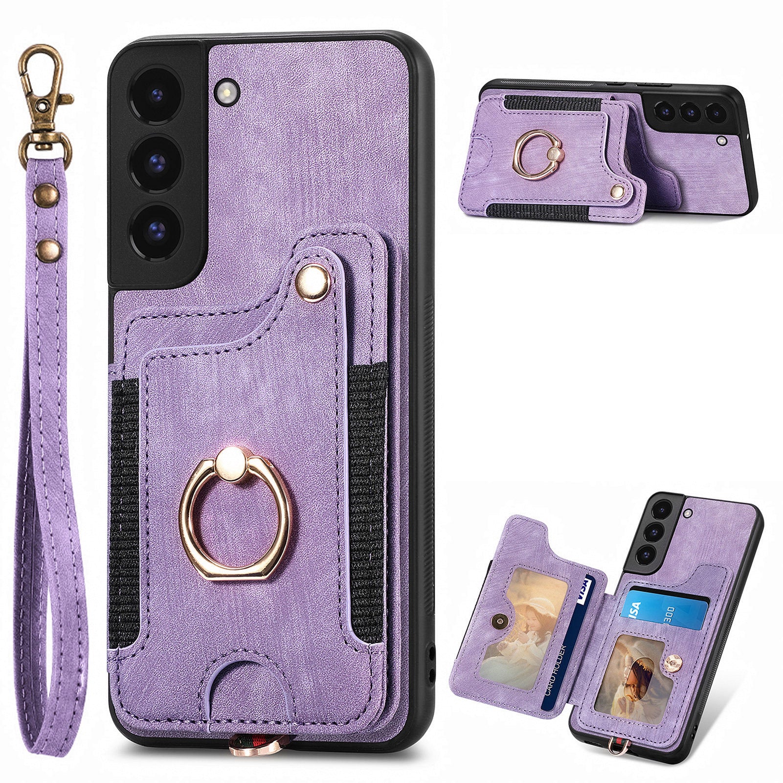 For Samsung Galaxy S22 5G Phone Case with Card Holder RFID Blocking PU Leather Coated PC TPU Kickstand Cover
