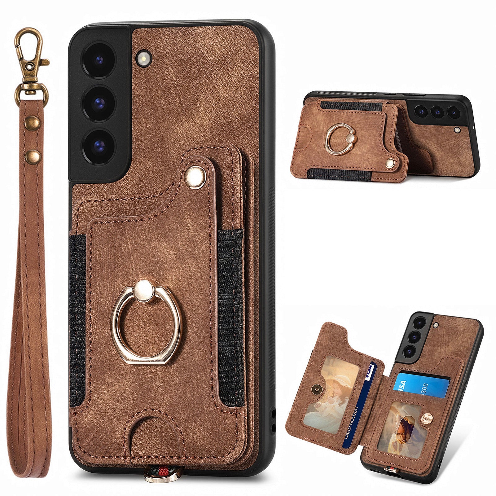 For Samsung Galaxy S22 5G Phone Case with Card Holder RFID Blocking PU Leather Coated PC TPU Kickstand Cover
