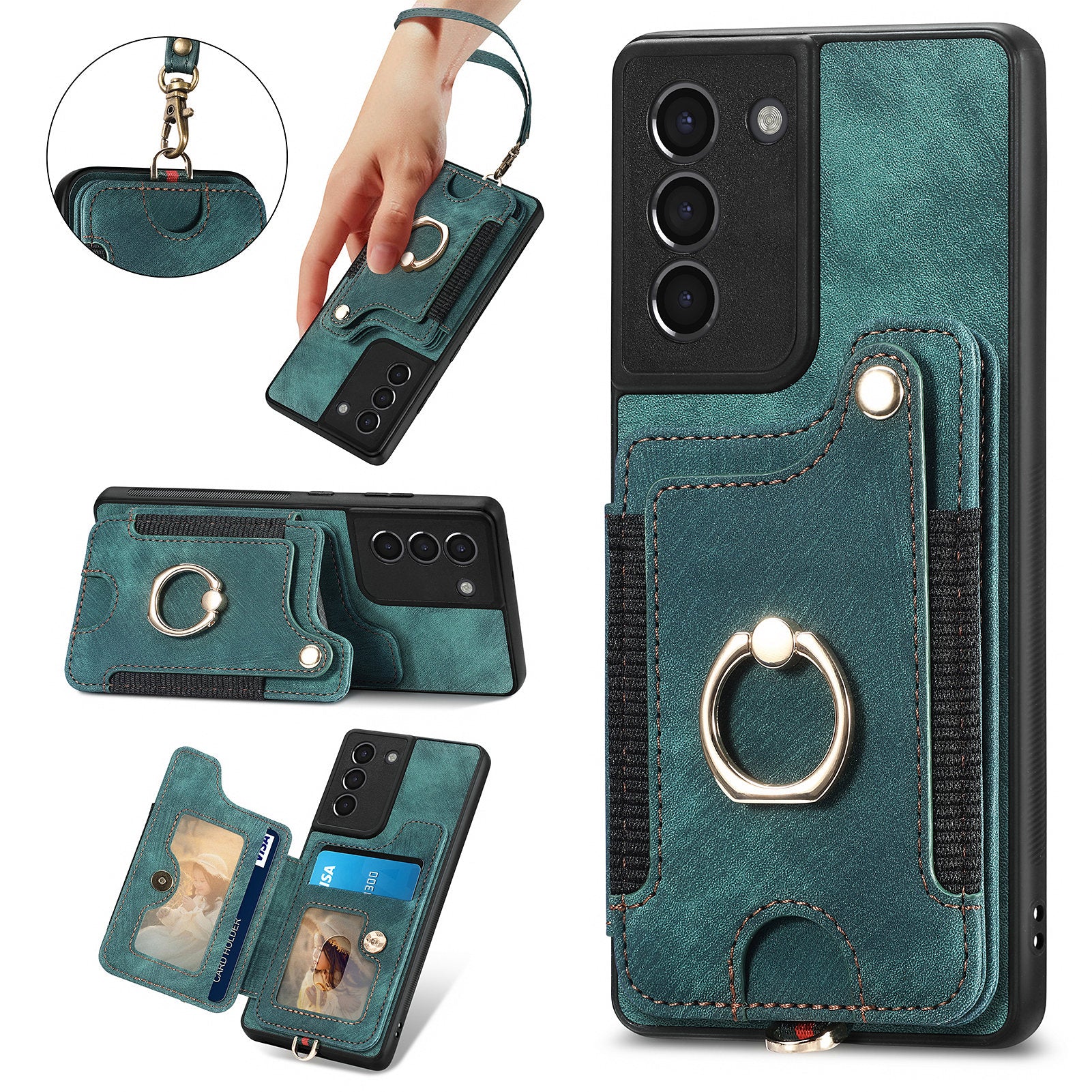Til Samsung Galaxy S21 FE 5G kortslot Kickstand telefonetui PU læder PC TPU RFID blokerende cover 