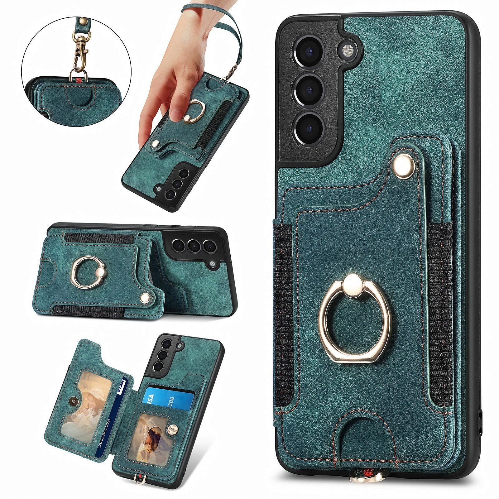 Kickstand Cover for Samsung Galaxy S21 4G / 5G PU Leather Coated PC TPU RFID Blocking Card Slots Phone Case