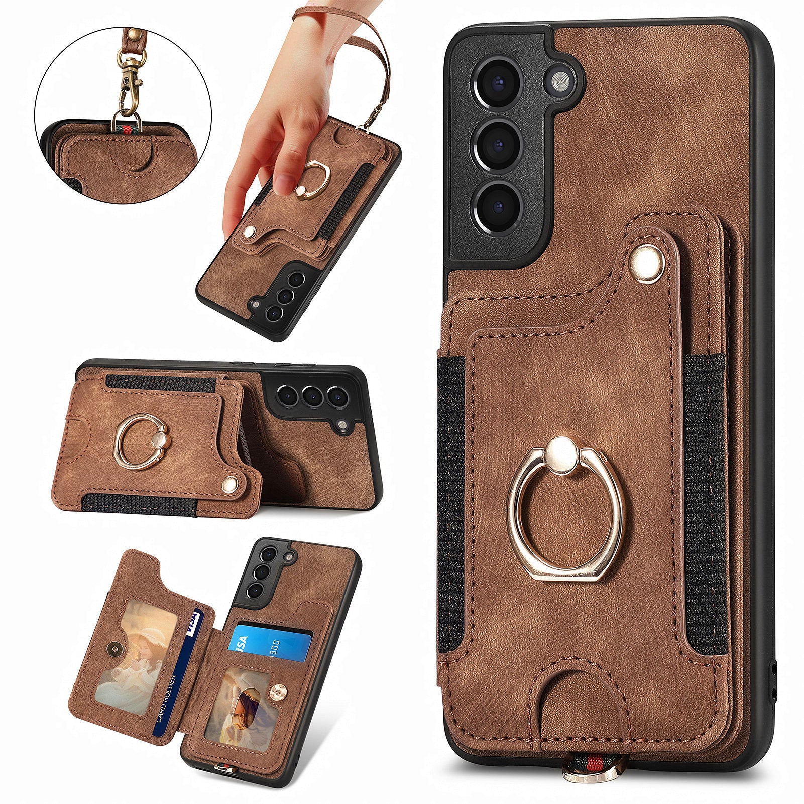 Phone Cover for Samsung Galaxy S21 5G PU Leather Coated PC TPU RFID Blocking Card Holder Kickstand Case