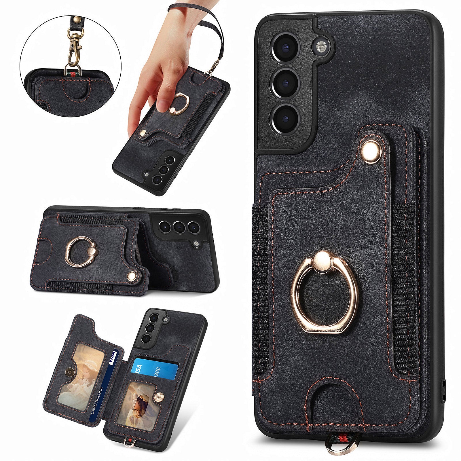 Phone Cover for Samsung Galaxy S21 5G PU Leather Coated PC TPU RFID Blocking Card Holder Kickstand Case
