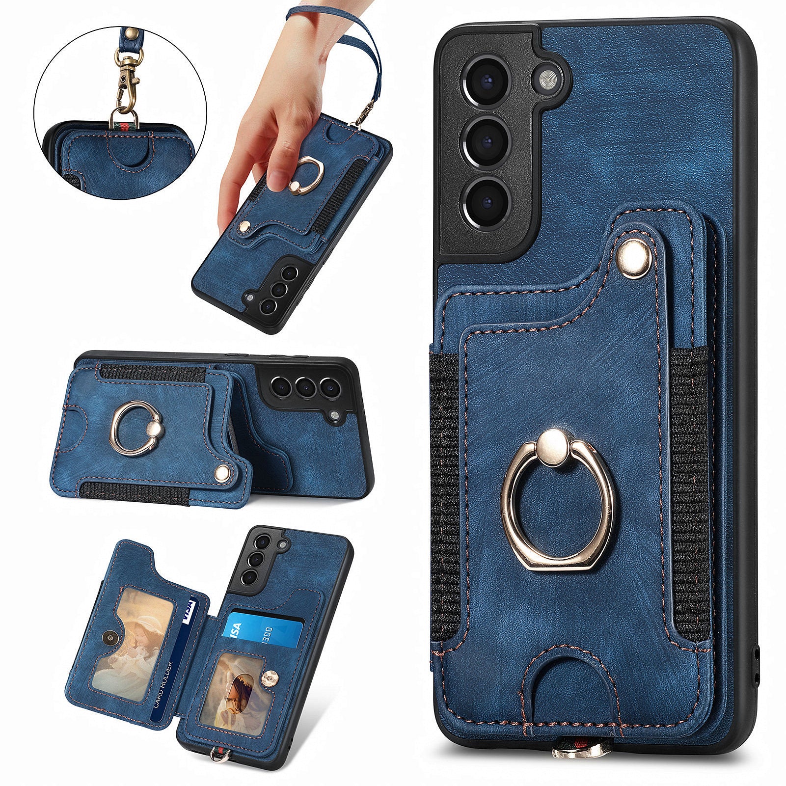 Phone Cover for Samsung Galaxy S21 5G PU Leather Coated PC TPU RFID Blocking Card Holder Kickstand Case