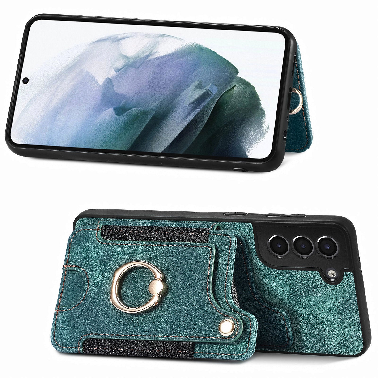 Phone Cover for Samsung Galaxy S21 5G PU Leather Coated PC TPU RFID Blocking Card Holder Kickstand Case