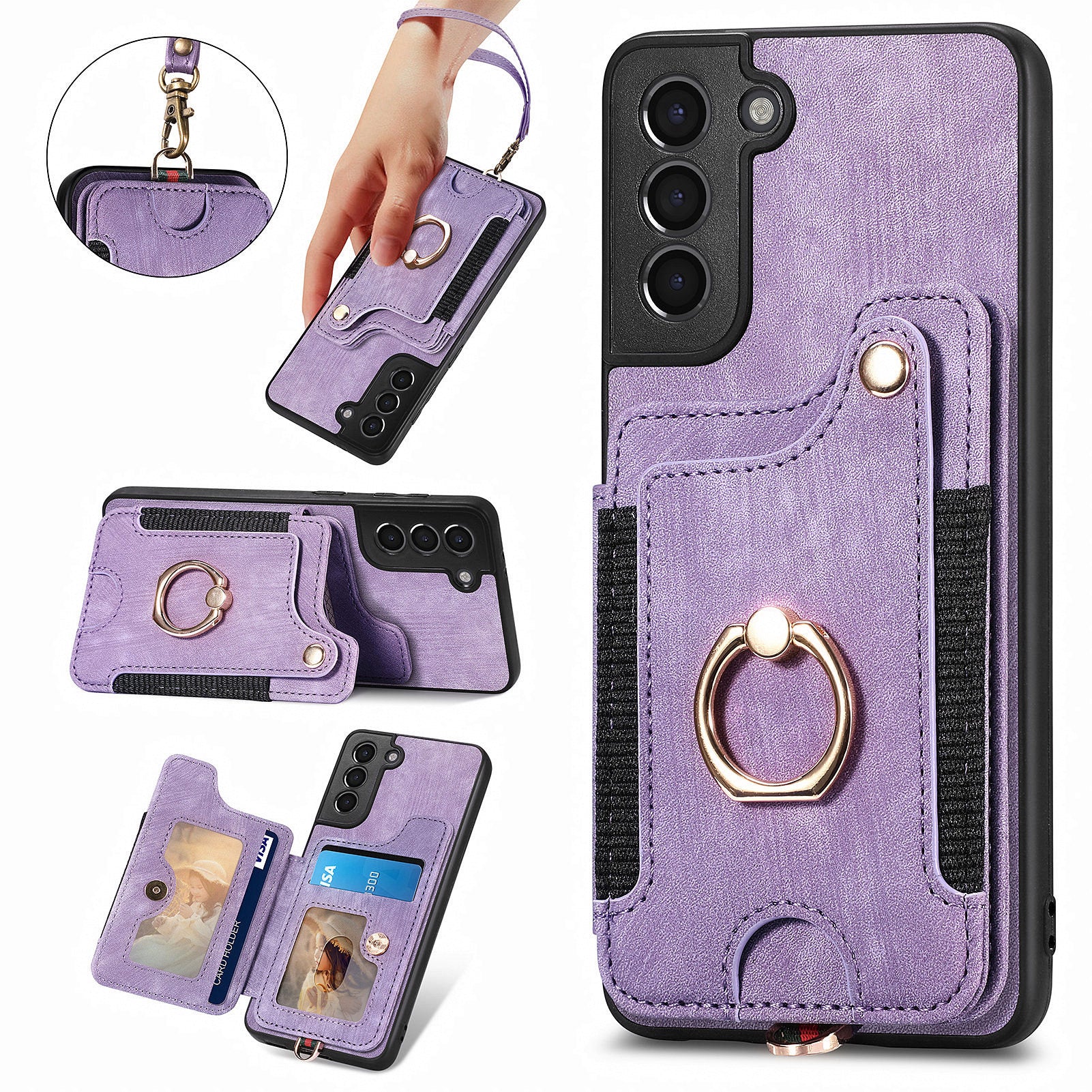 Phone Cover for Samsung Galaxy S21 5G PU Leather Coated PC TPU RFID Blocking Card Holder Kickstand Case