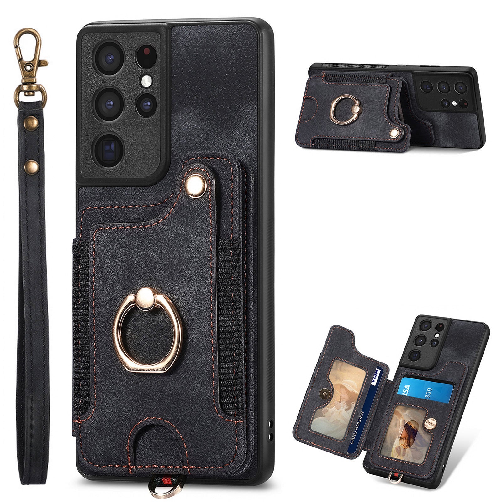 For Samsung Galaxy S21 Ultra 5G RFID Blocking Card Holder Phone Cover PU Leather Coated PC TPU Kickstand Case