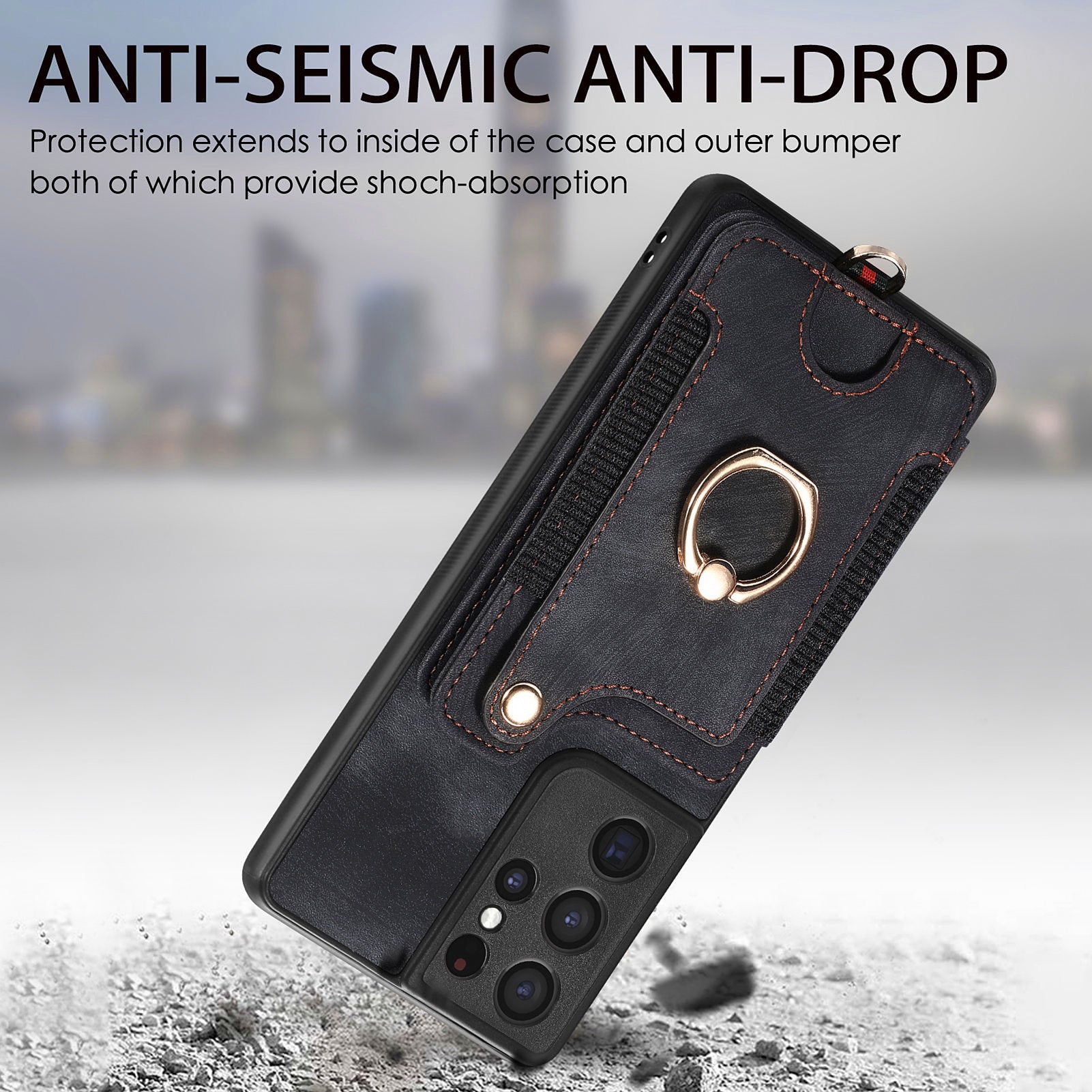 For Samsung Galaxy S21 Ultra 5G RFID Blocking Card Holder Phone Cover PU Leather Coated PC TPU Kickstand Case