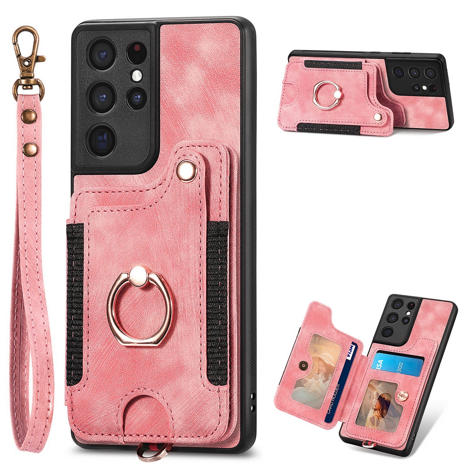 For Samsung Galaxy S21 Ultra 5G RFID Blocking Card Holder Phone Cover PU Leather Coated PC TPU Kickstand Case