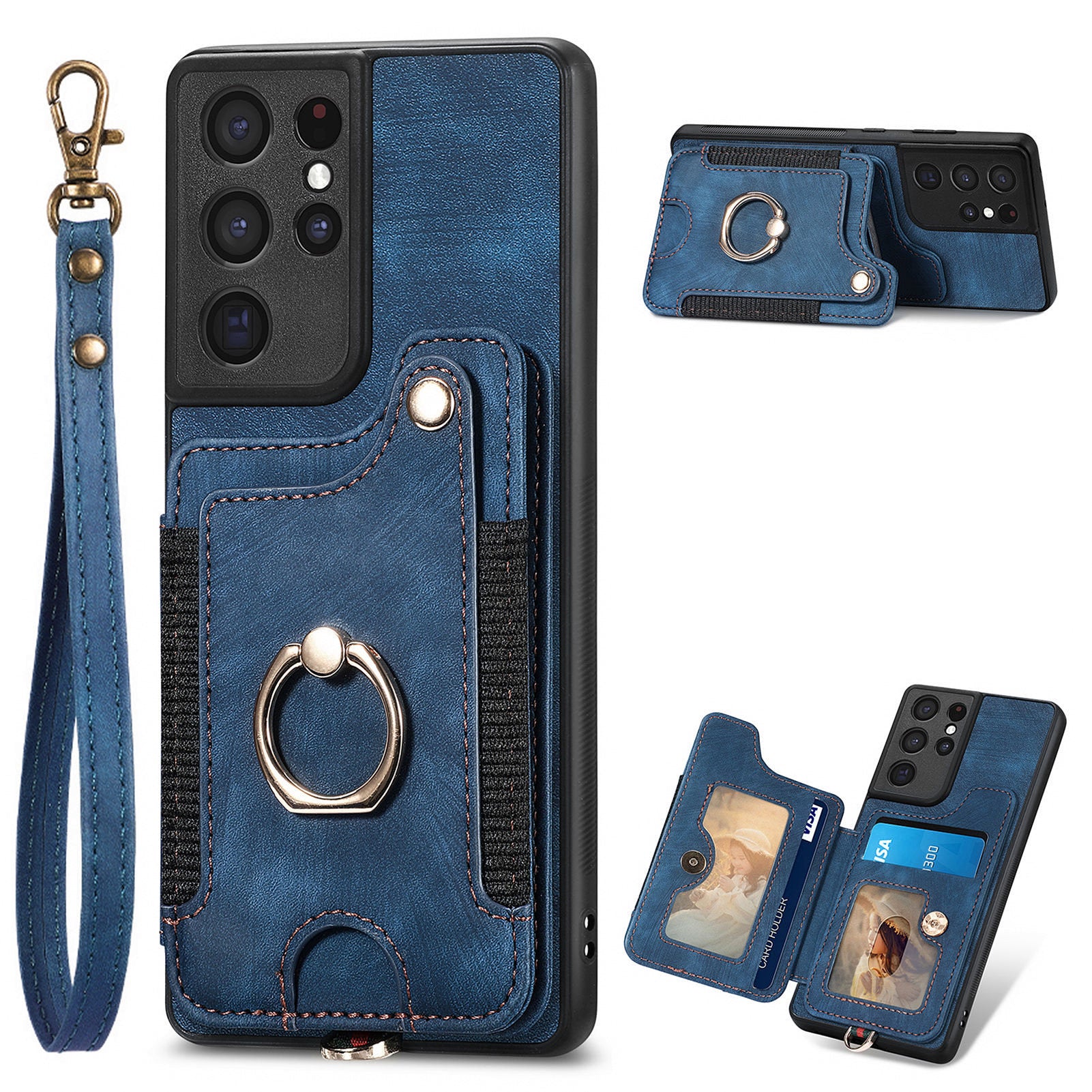 For Samsung Galaxy S21 Ultra 5G RFID Blocking Card Holder Phone Cover PU Leather Coated PC TPU Kickstand Case