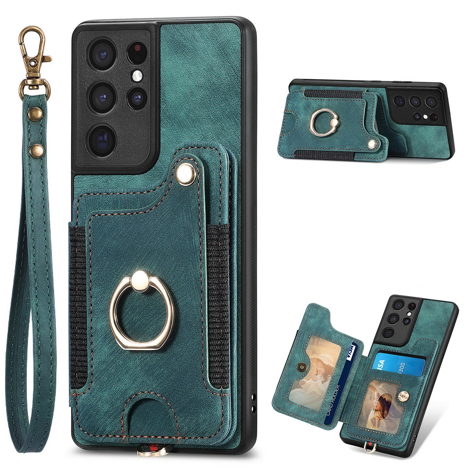 For Samsung Galaxy S21 Ultra 5G RFID Blocking Card Holder Phone Cover PU Leather Coated PC TPU Kickstand Case