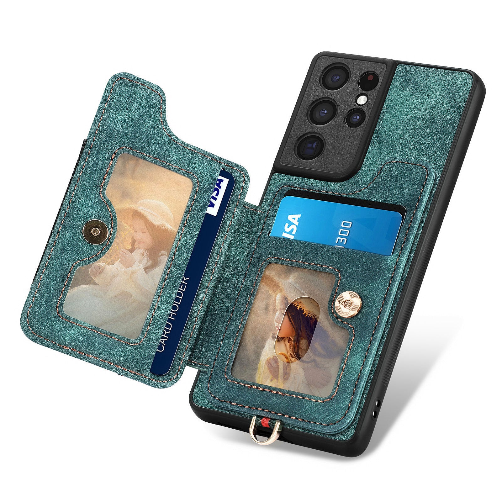 For Samsung Galaxy S21 Ultra 5G RFID Blocking Card Holder Phone Cover PU Leather Coated PC TPU Kickstand Case