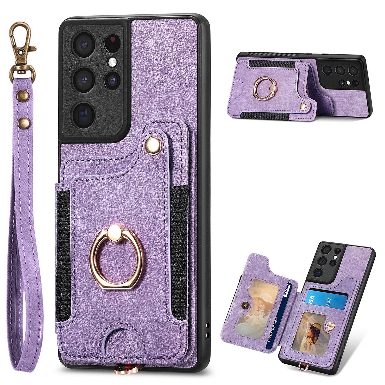 For Samsung Galaxy S21 Ultra 5G RFID Blocking Card Holder Phone Cover PU Leather Coated PC TPU Kickstand Case