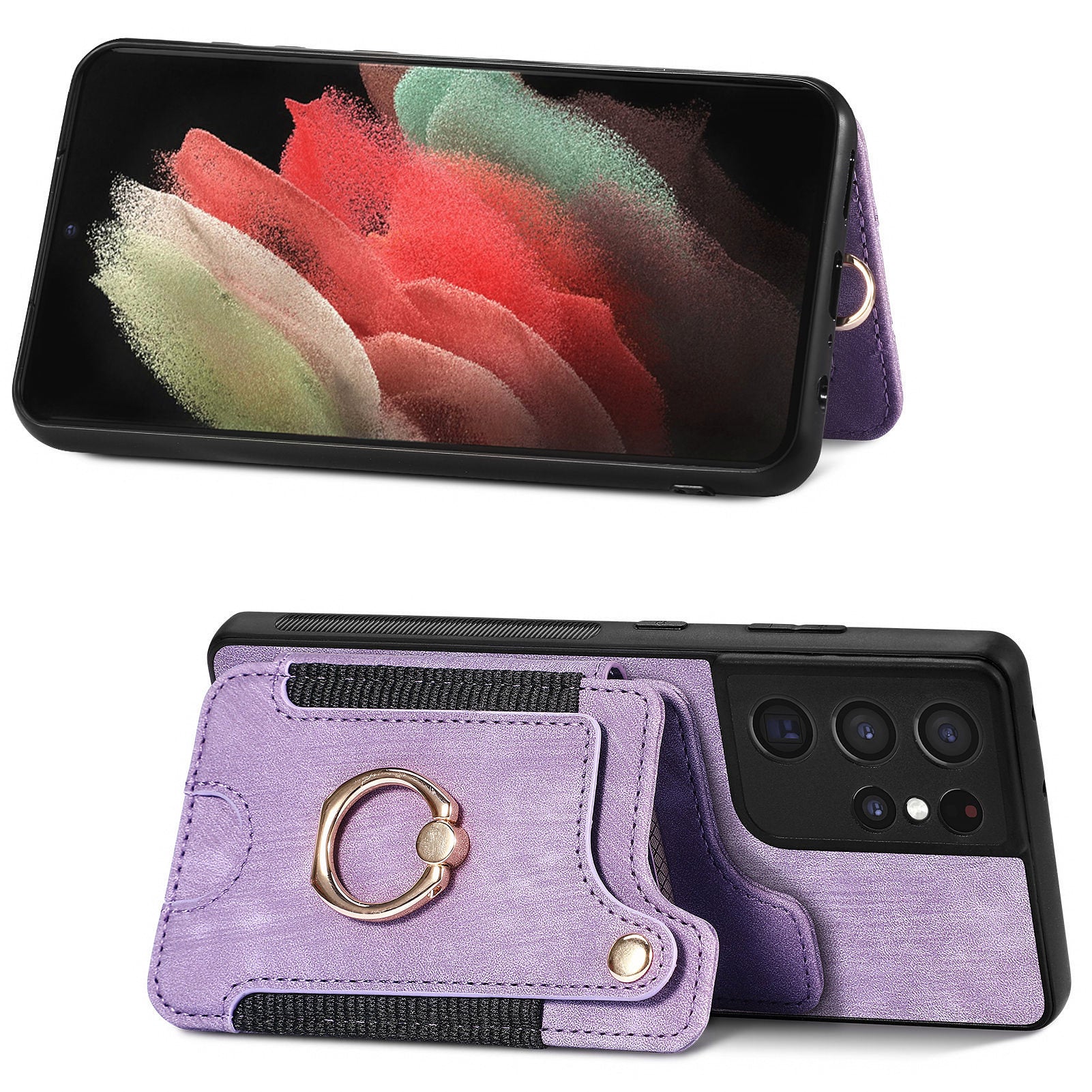 For Samsung Galaxy S21 Ultra 5G RFID Blocking Card Holder Phone Cover PU Leather Coated PC TPU Kickstand Case