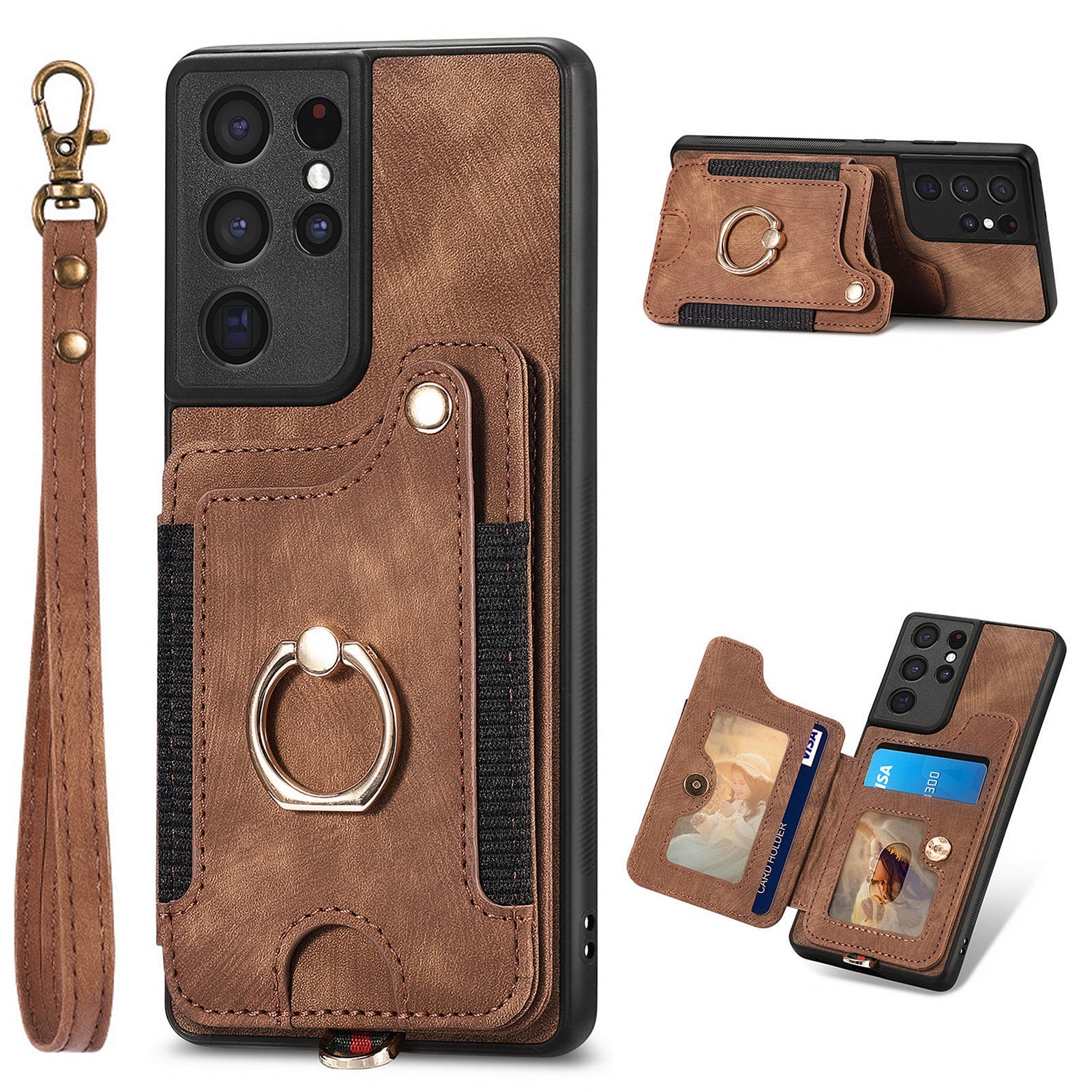 For Samsung Galaxy S21 Ultra 5G RFID Blocking Card Holder Phone Cover PU Leather Coated PC TPU Kickstand Case