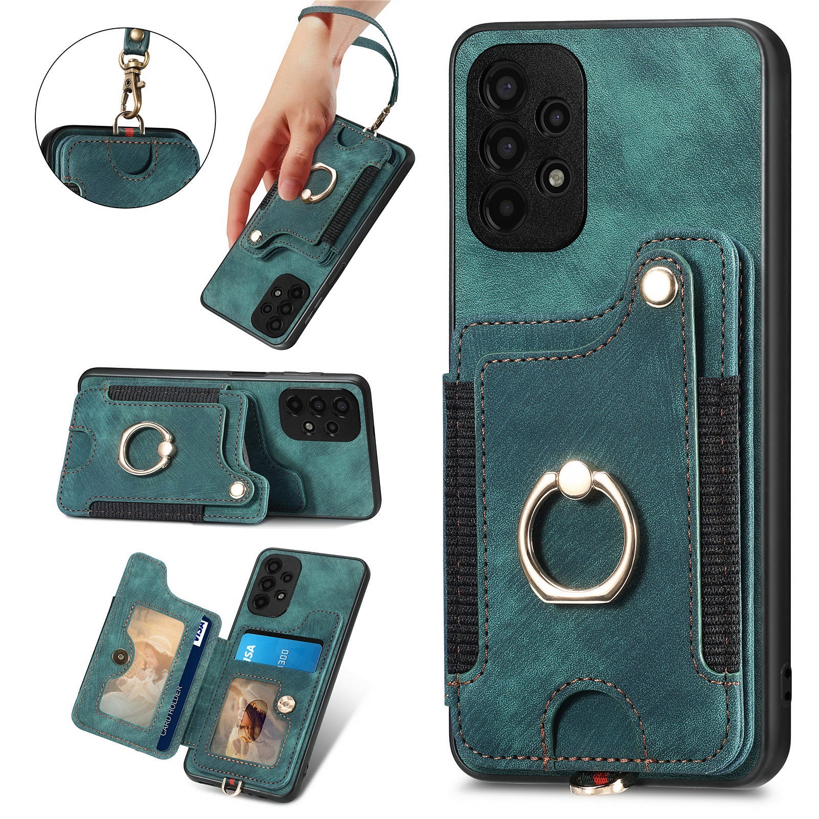 Phone Cover for Samsung Galaxy A13 4G RFID Blocking Card Holder PU Leather PC TPU Ring Kickstand Case