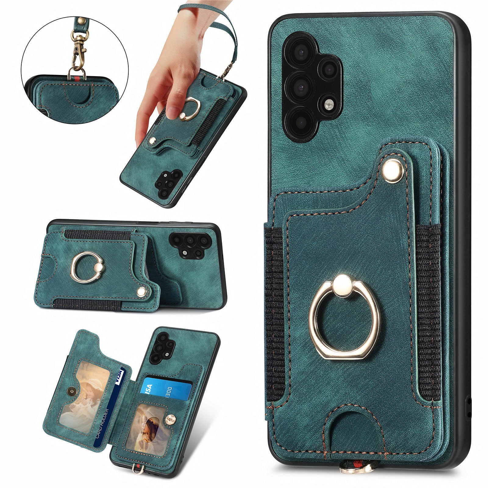 For Samsung Galaxy A32 5G / M32 5G Ring Kickstand Phone Cover RFID Blocking Card Holder PU Leather PC TPU Case