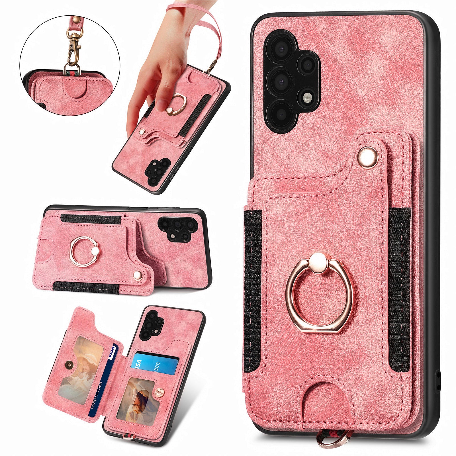 For Samsung Galaxy A32 5G / M32 5G Ring Kickstand Phone Cover RFID Blocking Card Holder PU Leather PC TPU Case