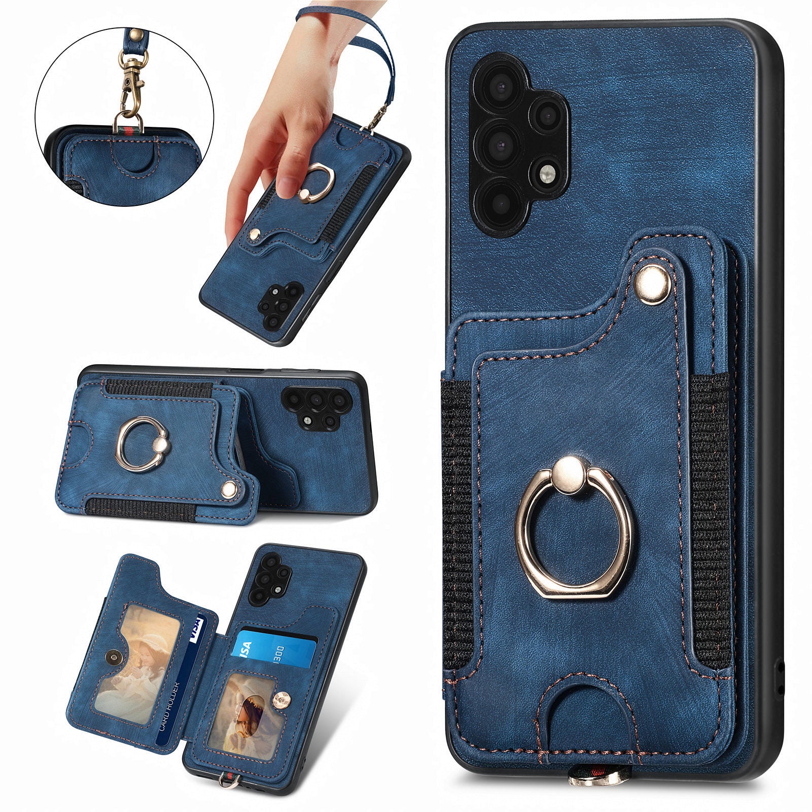 For Samsung Galaxy A32 5G / M32 5G Ring Kickstand Phone Cover RFID Blocking Card Holder PU Leather PC TPU Case