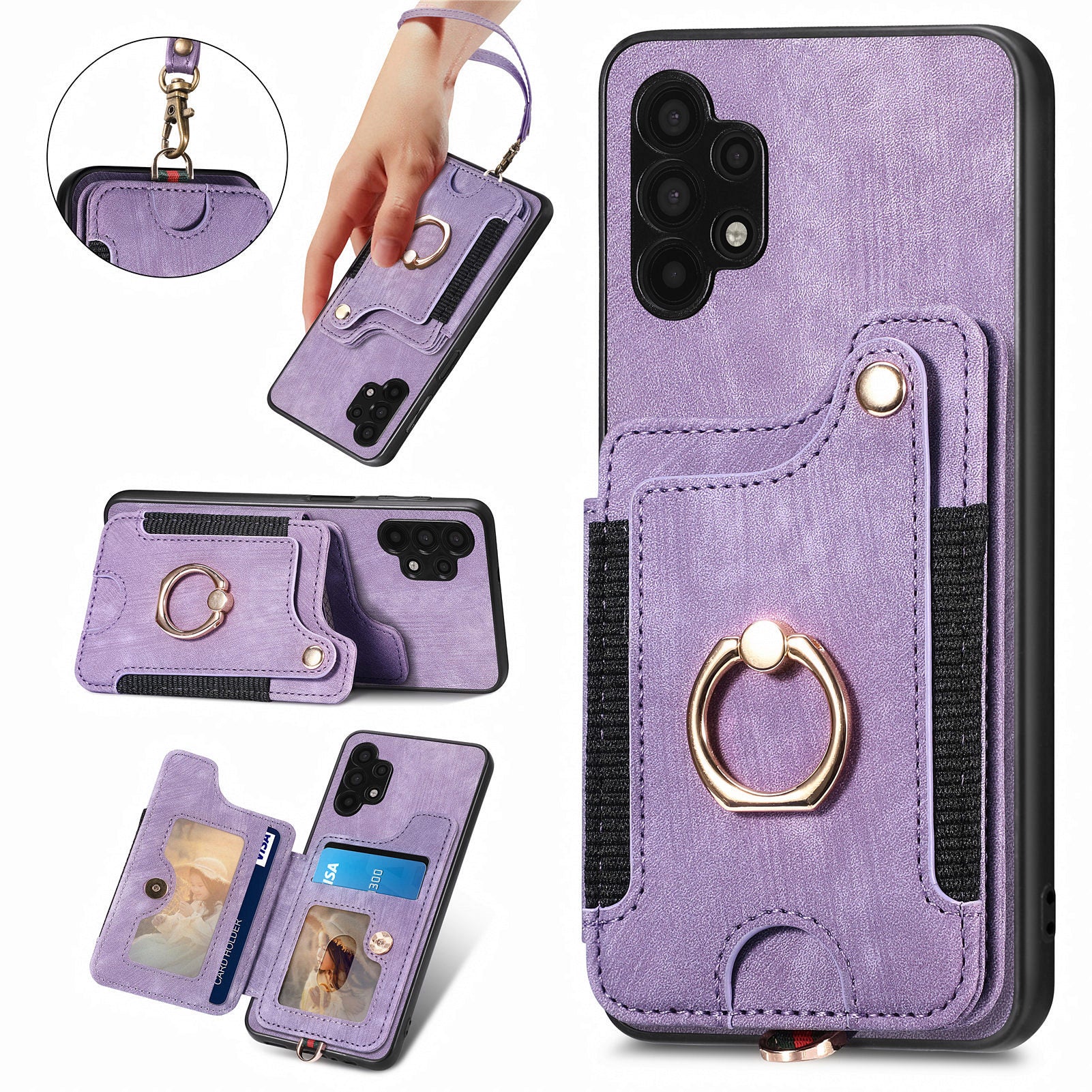 For Samsung Galaxy A32 5G / M32 5G Ring Kickstand Phone Cover RFID Blocking Card Holder PU Leather PC TPU Case