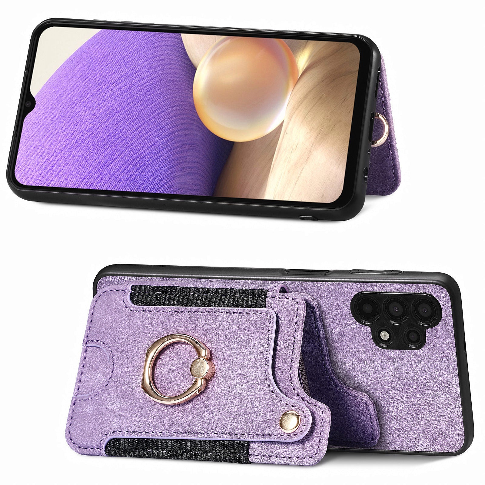 For Samsung Galaxy A32 5G / M32 5G Ring Kickstand Phone Cover RFID Blocking Card Holder PU Leather PC TPU Case