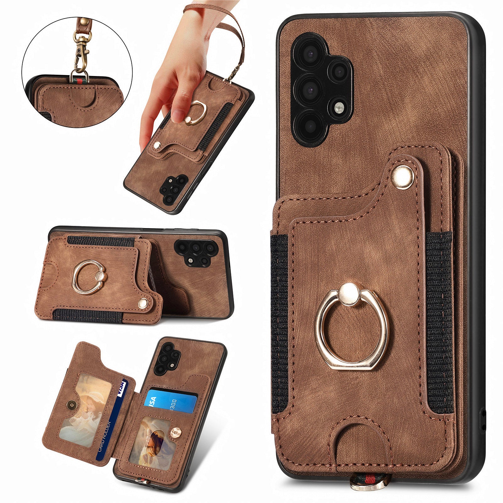 For Samsung Galaxy A32 5G / M32 5G Ring Kickstand Phone Cover RFID Blocking Card Holder PU Leather PC TPU Case